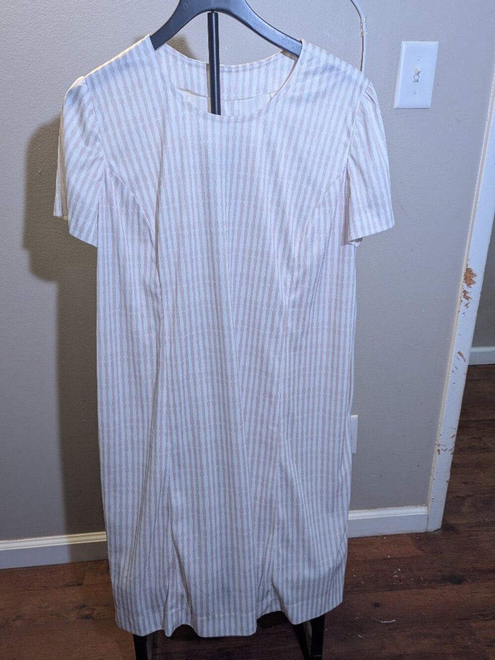 Vintage Handmade Grayish Beige & White Vertical Stripe Short Sleeve Dress